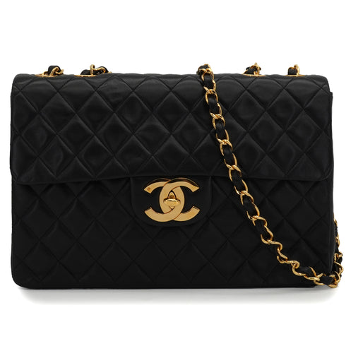 VINTAGE CHANEL MAXI MATELASSE 34 CHAIN SHOULDER BAG BLACK LAMB SKIN GOLD HARDWARE 90340137