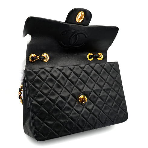 VINTAGE CHANEL MAXI MATELASSE 34 CHAIN SHOULDER BAG BLACK LAMB SKIN GOLD HARDWARE 90340504
