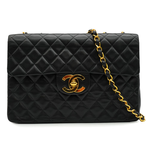 VINTAGE CHANEL MAXI MATELASSE 34 CHAIN SHOULDER BAG BLACK LAMB SKIN GOLD HARDWARE 90343417