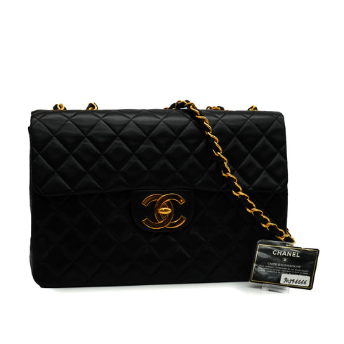 VINTAGE CHANEL MAXI MATELASSE 34 CHAIN SHOULDER BAG BLACK LAMB SKIN GOLD HARDWARE 90346666