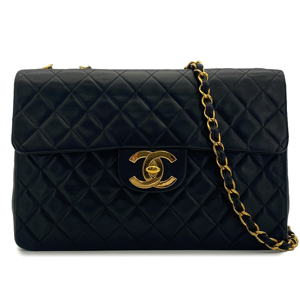 VINTAGE CHANEL MAXI MATELASSE 34 CHAIN SHOULDER BAG BLACK LAMB SKIN GOLD HARDWARE 90317888