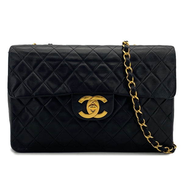 VINTAGE CHANEL MAXI MATELASSE 34 CHAIN SHOULDER BAG BLACK LAMB SKIN GOLD HARDWARE 90323982