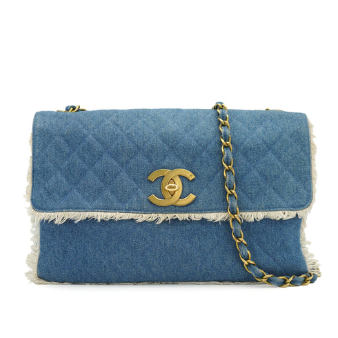 VINTAGE CHANEL MAXI MATELASSE 34 CHAIN SHOULDER BAG BLUE DENIM GOLD HARDWARE 90335141
