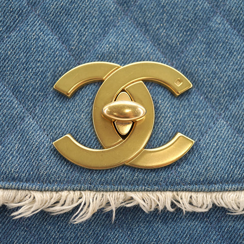 VINTAGE CHANEL MAXI MATELASSE 34 CHAIN SHOULDER BAG BLUE DENIM GOLD HARDWARE 90335141