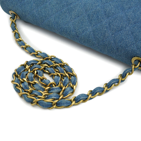 VINTAGE CHANEL MAXI MATELASSE 34 CHAIN SHOULDER BAG BLUE DENIM GOLD HARDWARE 90335141