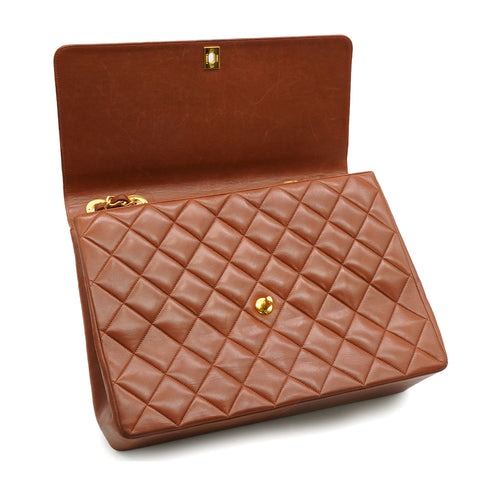 VINTAGE CHANEL MAXI MATELASSE 34 CHAIN SHOULDER BAG BROWN LAMB SKIN GOLD HARDWARE 90337280