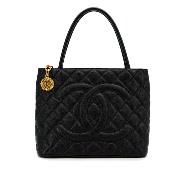 VINTAGE CHANEL MEDALLION MATELLASSE TOTE BAG BLACK CAVIAR SKIN GOLD HARDWARE 90319923
