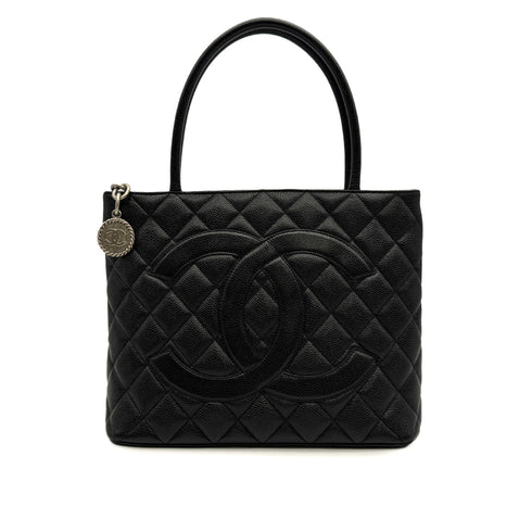 VINTAGE CHANEL MEDALLION MATELLASSE TOTE BAG BLACK CAVIAR SKIN SILVER HARDWARE 90314330