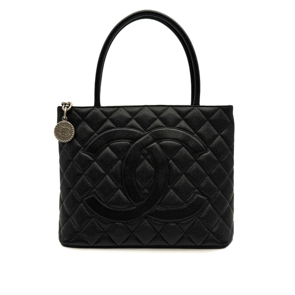 VINTAGE CHANEL MEDALLION MATELLASSE TOTE BAG BLACK CAVIAR SKIN SILVER HARDWARE 90314330
