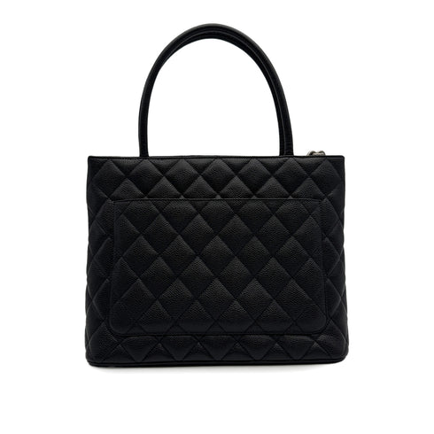 VINTAGE CHANEL MEDALLION MATELLASSE TOTE BAG BLACK CAVIAR SKIN SILVER HARDWARE 90314330