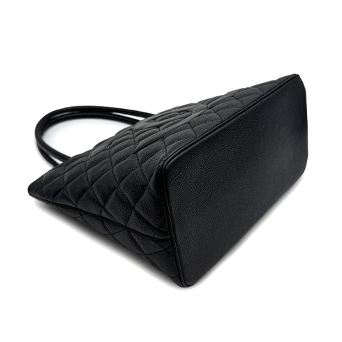 VINTAGE CHANEL MEDALLION MATELLASSE TOTE BAG BLACK CAVIAR SKIN SILVER HARDWARE 90314330