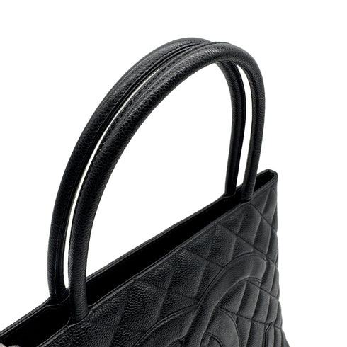 VINTAGE CHANEL MEDALLION MATELLASSE TOTE BAG BLACK CAVIAR SKIN SILVER HARDWARE 90314330
