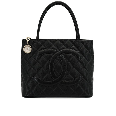 VINTAGE CHANEL MEDALLION MATELLASSE TOTE BAG BLACK CAVIAR SKIN SILVER HARDWARE 90350418