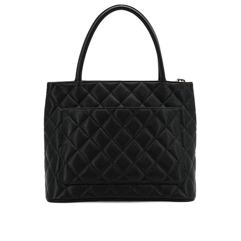 VINTAGE CHANEL MEDALLION MATELLASSE TOTE BAG BLACK CAVIAR SKIN SILVER HARDWARE 90350418