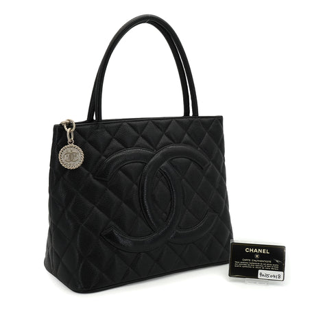 VINTAGE CHANEL MEDALLION MATELLASSE TOTE BAG BLACK CAVIAR SKIN SILVER HARDWARE 90350418