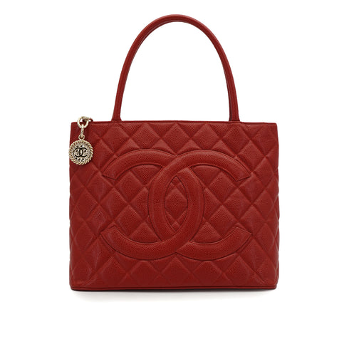 VINTAGE CHANEL MEDALLION MATELLASSE TOTE BAG RED CAVIAR SKIN GOLD HARDWARE 90346658