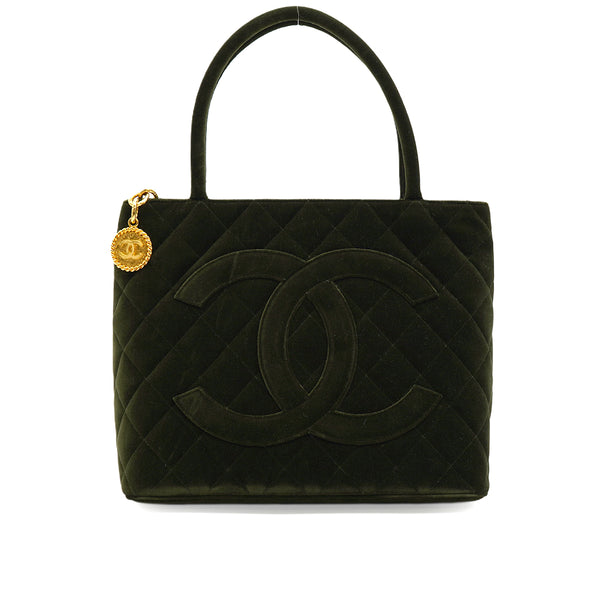 VINTAGE CHANEL MEDALLION TOTE BAG KHAKI VELOUR GOLD HARDWARE 90346145