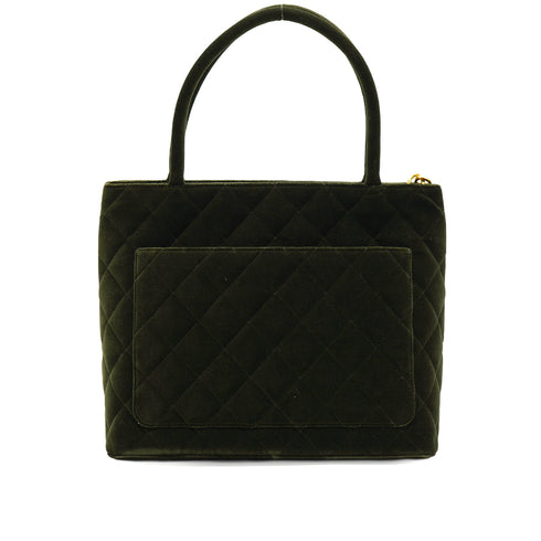 VINTAGE CHANEL MEDALLION TOTE BAG KHAKI VELOUR GOLD HARDWARE 90346145