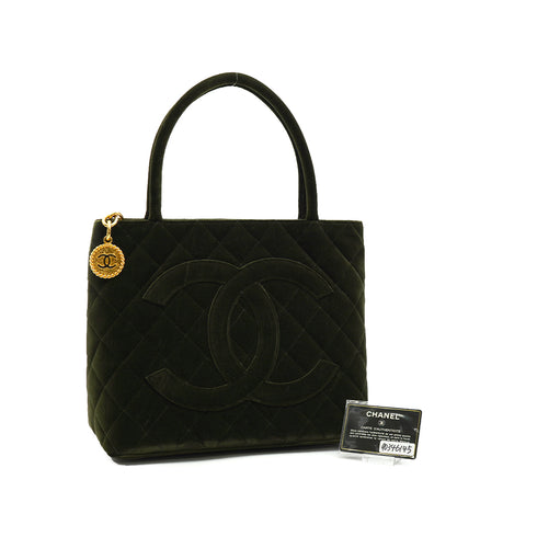 VINTAGE CHANEL MEDALLION TOTE BAG KHAKI VELOUR GOLD HARDWARE 90346145