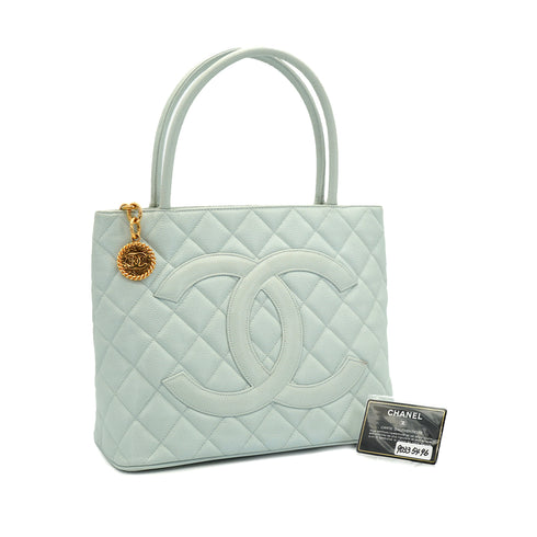 VINTAGE CHANEL MEDALLION TOTE BAG LIGHT BLUE CAVIAR SKIN 90335496