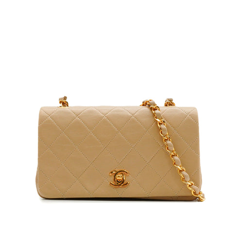 VINTAGE CHANEL FULL FLAP CHAIN SHUOLDER BAG BEIGE LAMB SKIN GOLD HARDWARE 90341849