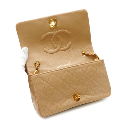 VINTAGE CHANEL FULL FLAP CHAIN SHUOLDER BAG BEIGE LAMB SKIN GOLD HARDWARE 90341849