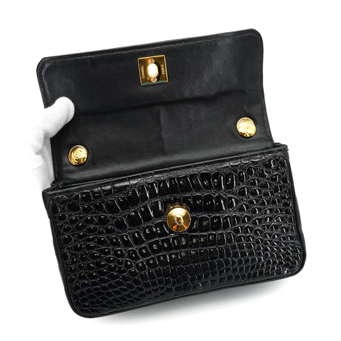 VINTAGE CHANEL MINI CHAIN SHOULDER BAG BLACK CROCODILE GOLD HARDWARE 90312697