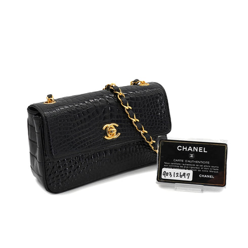 VINTAGE CHANEL MINI CHAIN SHOULDER BAG BLACK CROCODILE GOLD HARDWARE 90312697