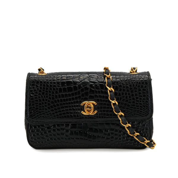 VINTAGE CHANEL MINI CHAIN SHOULDER BAG BLACK CROCODILE GOLD HARDWARE 90323197
