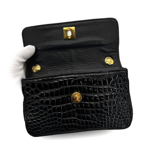 VINTAGE CHANEL MINI CHAIN SHOULDER BAG BLACK CROCODILE GOLD HARDWARE 90323197