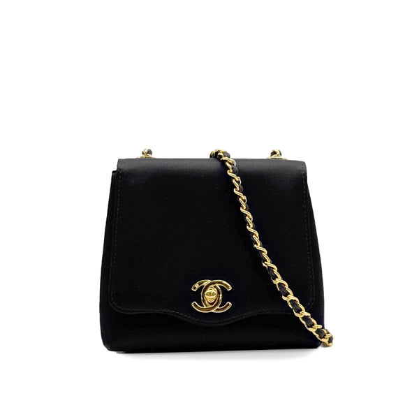 VINTAGE CHANEL MINI CHAIN SHOULDER BAG BLACK SATIN GOLD HARDWARE 90328926