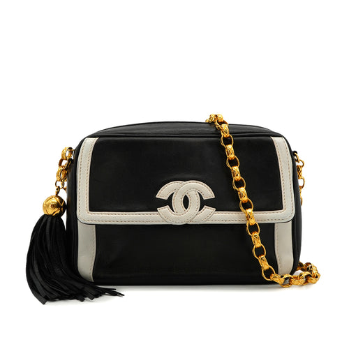 VINTAGE CHANEL MINI COCOMARK BICOLOR BIJOU CHAIN SHOULDER BAG FRINGE BLACK WHITE LAMB SKIN GOLD HARDWARE 90339951