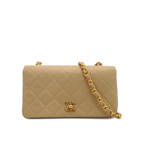 VINTAGE CHANEL MINI FULL FLAP CHAIN SHUOLDER BAG BEIGE LAMB SKIN GOLD HARDWARE 90339937