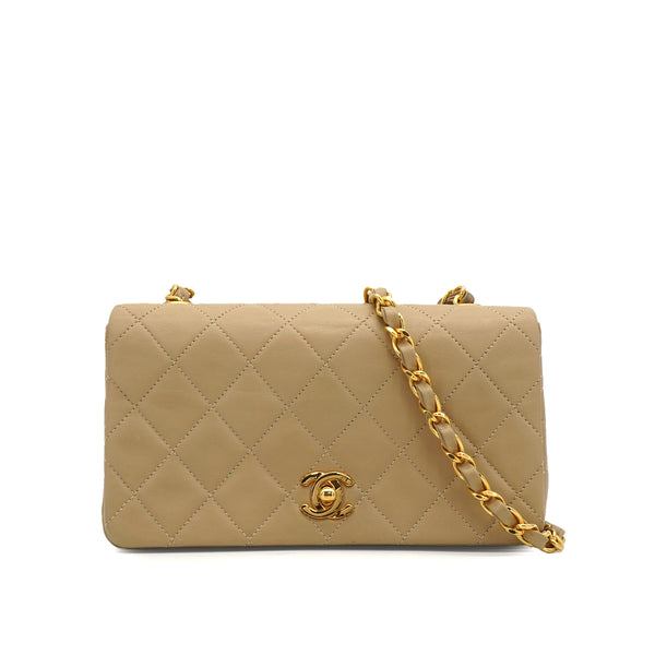 VINTAGE CHANEL MINI FULL FLAP CHAIN SHUOLDER BAG BEIGE LAMB SKIN GOLD HARDWARE 90339937