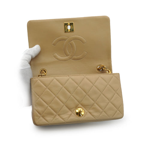 VINTAGE CHANEL MINI FULL FLAP CHAIN SHUOLDER BAG BEIGE LAMB SKIN GOLD HARDWARE 90339937