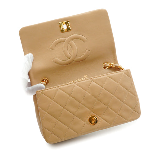 VINTAGE CHANEL FULL FLAP CHAIN SHUOLDER BAG BEIGE LAMB SKIN GOLD HARDWARE 90341848