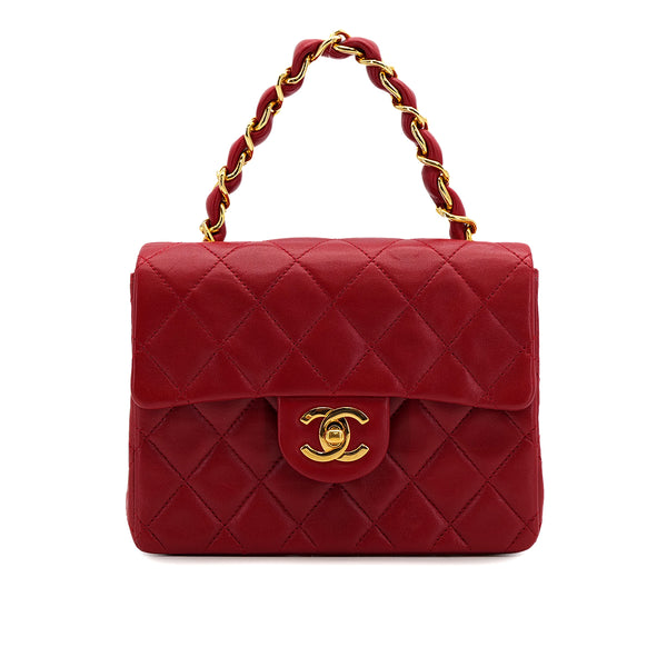 VINTAGE CHANEL MINI MATELASSE CHAIN HAND BAG RED LAMB SKIN GOLD HARDWARE 90309166