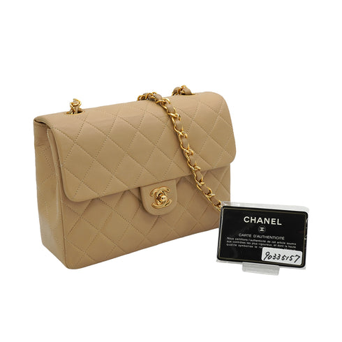 VINTAGE CHANEL MINI MATELASSE CHAIN SHOULDER BAG BEIGE LAMB SKIN GOLD HARDWARE 90335157