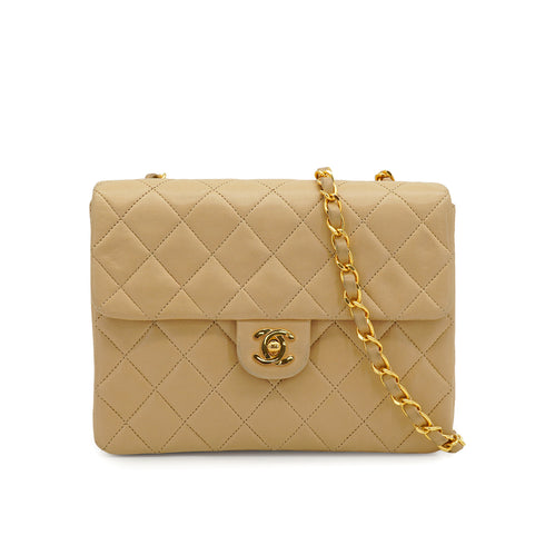VINTAGE CHANEL MINI MATELASSE CHAIN SHOULDER BAG BEIGE LAMB SKIN GOLD HARDWARE 90335489