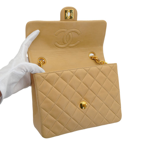 VINTAGE CHANEL MINI MATELASSE CHAIN SHOULDER BAG BEIGE LAMB SKIN GOLD HARDWARE 90335489