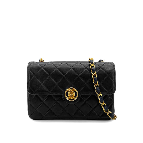 VINTAGE CHANEL MINI MATELASSE CHAIN SHOULDER BAG BLACK LAMB SKIN GOLD HARDWARE 90314373