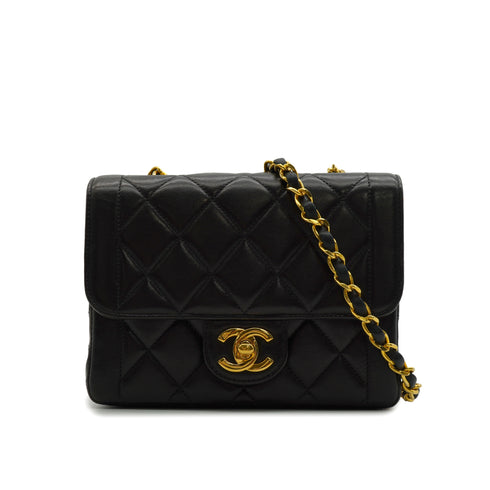 VINTAGE CHANEL MINI MATELASSE CHAIN SHOULDER BAG BLACK LAMB SKIN GOLD HARDWARE 90345156