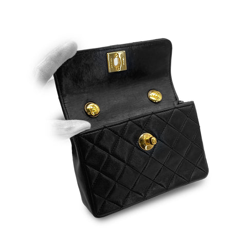 VINTAGE CHANEL MINI MATELASSE CHAIN SHOULDER BAG BLACK LAMB SKIN GOLD HARDWARE 90315020