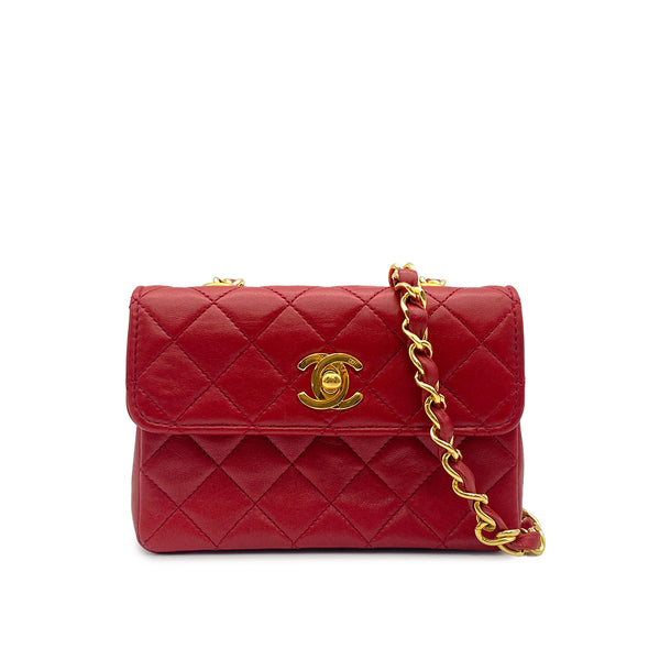 VINTAGE CHANEL MINI MATELASSE CHAIN SHOULDER BAG RED LAMB SKIN GOLD HARDWARE 90325272
