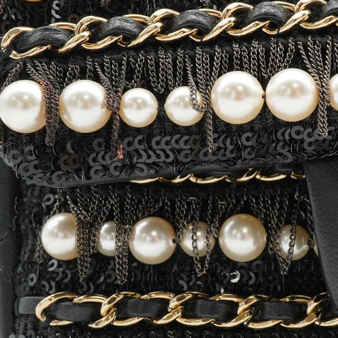 CHANEL MINI MATELASSE FAUX PEARL FRINGE SEQUINS CHAIN SHOULDER BAG BLACK LEATHER GOLD HARDWARE 90345994