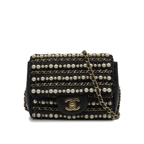 CHANEL MINI MATELASSE FAUX PEARL FRINGE SEQUINS CHAIN SHOULDER BAG BLACK LEATHER GOLD HARDWARE 90345994