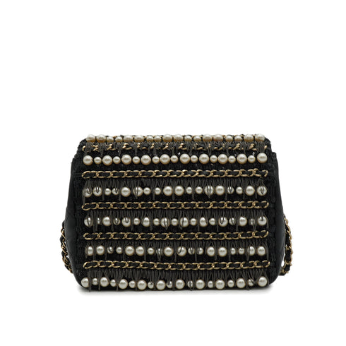 CHANEL MINI MATELASSE FAUX PEARL FRINGE SEQUINS CHAIN SHOULDER BAG BLACK LEATHER GOLD HARDWARE 90345994