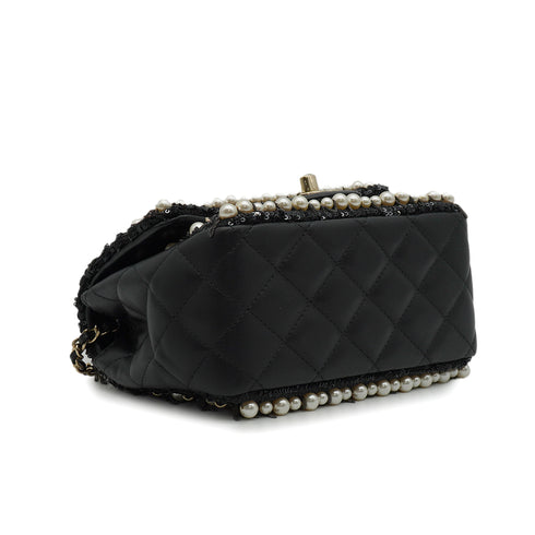 CHANEL MINI MATELASSE FAUX PEARL FRINGE SEQUINS CHAIN SHOULDER BAG BLACK LEATHER GOLD HARDWARE 90345994