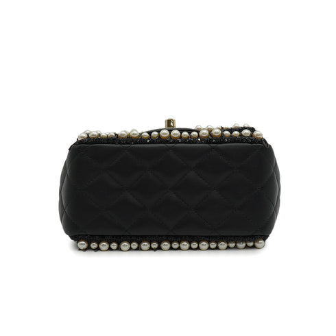 CHANEL MINI MATELASSE FAUX PEARL FRINGE SEQUINS CHAIN SHOULDER BAG BLACK LEATHER GOLD HARDWARE 90345994