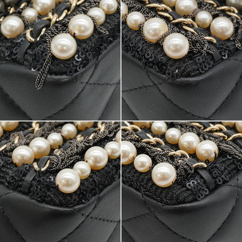 CHANEL MINI MATELASSE FAUX PEARL FRINGE SEQUINS CHAIN SHOULDER BAG BLACK LEATHER GOLD HARDWARE 90345994
